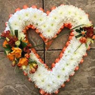 Funeral Based Open Heart - Open Based white heart, ribbon edging and cluster is available in a choice of colours orange, yellow, red, purple,pink,  blue etc At Hearts and Flowers we are delighted to present this product available for flower delivery in Cardiff and surrounding areas.

Available in colour of your choice.